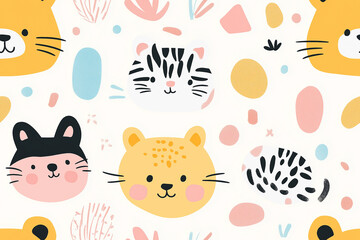 Cute seamless pattern with cartoon animal faces and abstract shapes on a white background. Perfect for kids' products and playful designs.