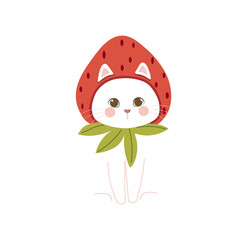 a cute white cat sitting and wearing a strawberry hat 