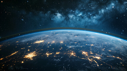 Obraz premium Nighttime view of Earth from space with illuminated city lights and starry sky