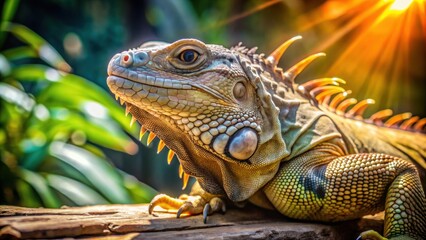 An iguana basking in the sun at the Genoa Aquarium in Italy , Iguana, reptile, wildlife, exotic, lizard, tropical, aquarium