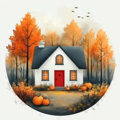 Autumn Cottage Illustration - White House with Red Door in Fall Forest