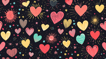 Fototapeta premium A seamless pattern featuring hearts in various colors and styles on a black background. The lively and romantic design is ideal for Valentine's Day or love-themed projects.