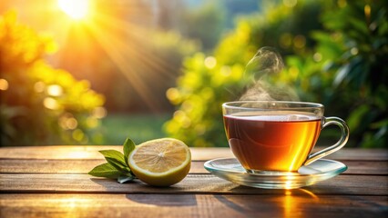 A cup of hot tea with lemon on a table in the morning sunlight, tea, hot, beverage, lemon, table, morning, sunlight, rays