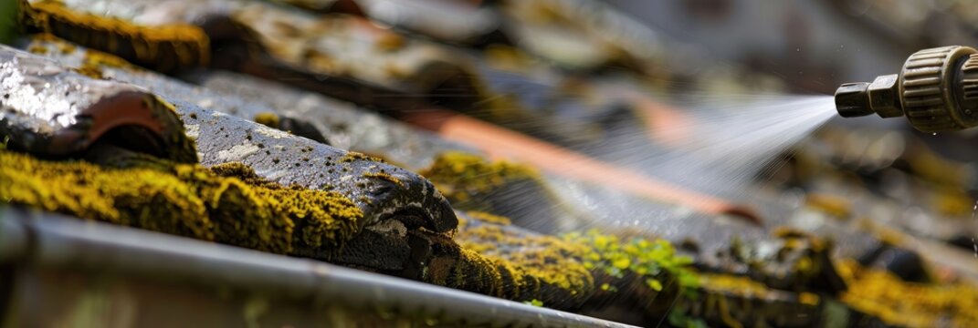 Professional roof cleaning service employing high-pressure tools to remove moss and debris. Comprehensive gutter and roof washing for pristine results.