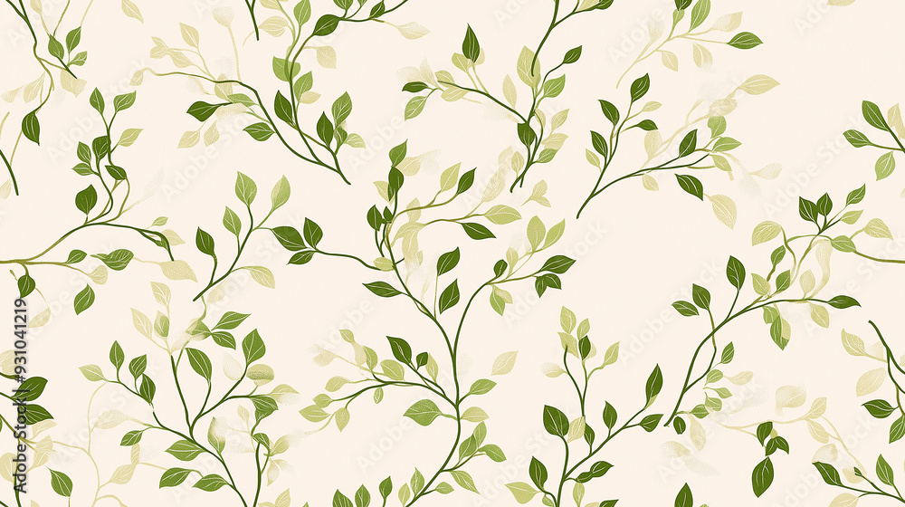 Poster A light seamless pattern with delicate green leaves on intertwining branches against a soft cream background, offering a natural and minimalist aesthetic.