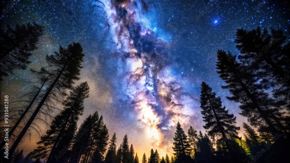 Wall mural Night sky with stars and Milky Way, framed by silhouettes of towering trees, night, sky, stars, Milky Way, trees, silhouette