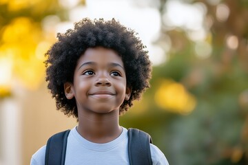 A young boy with an afro hairstyle and a backpack smiles and looks up at the sky.