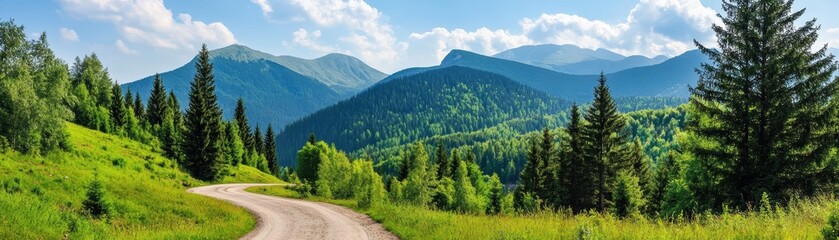 Fototapeta premium A serene landscape featuring lush green hills, winding road, and majestic mountains under a clear blue sky.