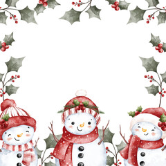 Watercolor Illustration Christmas Frame from Snowman and Holly Plants.