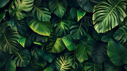 A close-up image of a collection of dark green tropical leaves, showcasing their intricate textures and patterns.