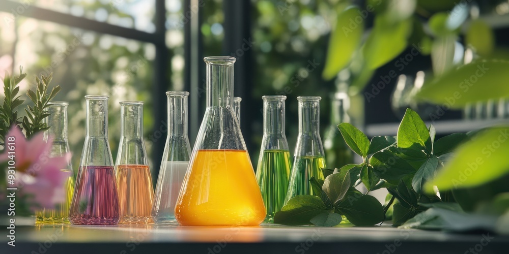 Wall mural in the laboratory, glass beakers filled with different colors of liquid and plants on a table next t