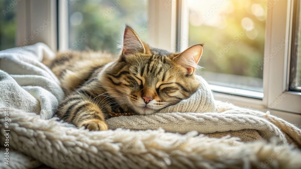 Sticker A fluffy tabby cat sleeping on a cozy blanket beside a window, feline, pet, domestic, relaxation, fur, whiskers, cute, tabby, furry