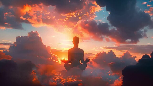 Silhouette of a person meditating amidst a vibrant, colorful sunset sky with clouds