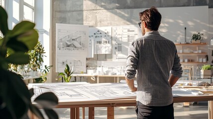 A contemporary designer analyzes plans in a vibrant workspace filled with creative drawings and dimensional prototypes, highlighting cutting-edge architectural ideas.