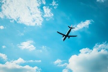 Fototapeta premium A streamlined aircraft soars effortlessly through a brilliant azure sky adorned with wispy white clouds.