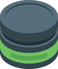 Round plastic cosmetic jar with green label for branding mockup is standing on white background