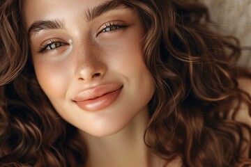 Naklejka premium Gorgeous dark-haired model with flowing ringlets. Happy lady with wavy locks. Glamour, attractiveness and cosmetics photo. Therapy, nourishment and wellness treatments.