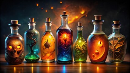 of Halloween potion bottles in unique designs , Halloween, potion, bottles, spooky, creepy, magical, fantasy, decor