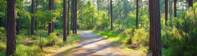 Fototapeta premium A serene pathway through a lush forest, surrounded by tall trees and vibrant greenery, perfect for nature lovers and outdoor enthusiasts.