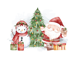 Watercolor Illustration Santa Claus and Snowman with Christmas Tree and Gifts