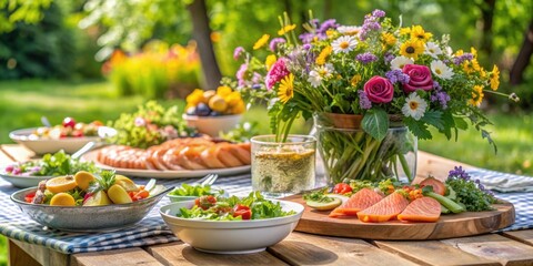 Scandinavian salmon salad and summer flowers on outdoor buffet table for midsummer picnic , salmon, salad, Scandinavian, outdoor