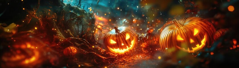 Obraz premium Enchanting Halloween scene with glowing pumpkins, eerie atmosphere, and vibrant colors that capture the spirit of the spooky season.
