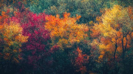 A vibrant landscape showcasing autumn foliage with stunning red, orange, and yellow leaves against a dark backdrop.