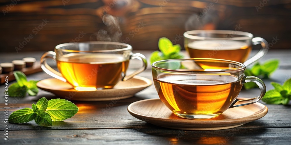 Canvas Prints Freshly brewed tea in cups, tea, fresh, drink, beverage, hot, aromatic, refreshment, cups, leaves, steaming, relaxation