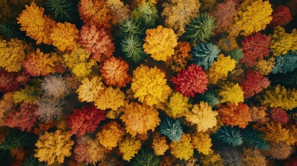 Vibrant autumn forest showcasing a stunning mix of colorful trees in shades of red, orange, and yellow from above.