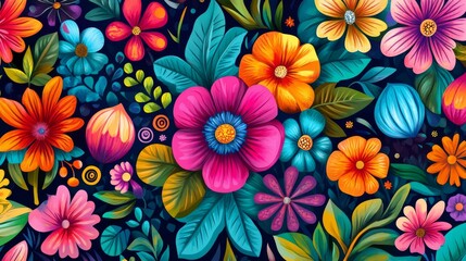 Colorful floral background, vibrant flower pattern with colorful daisies and sunflowers in a cartoon style.
