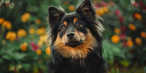 Image of an adorable Finnish Lapphund canine in the yard.