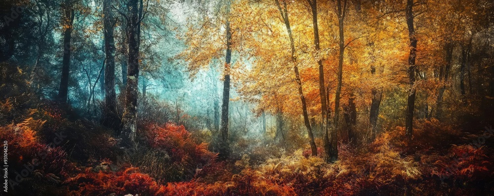 Poster a serene autumn forest showcasing vibrant foliage and soft light filtering through the trees, creati