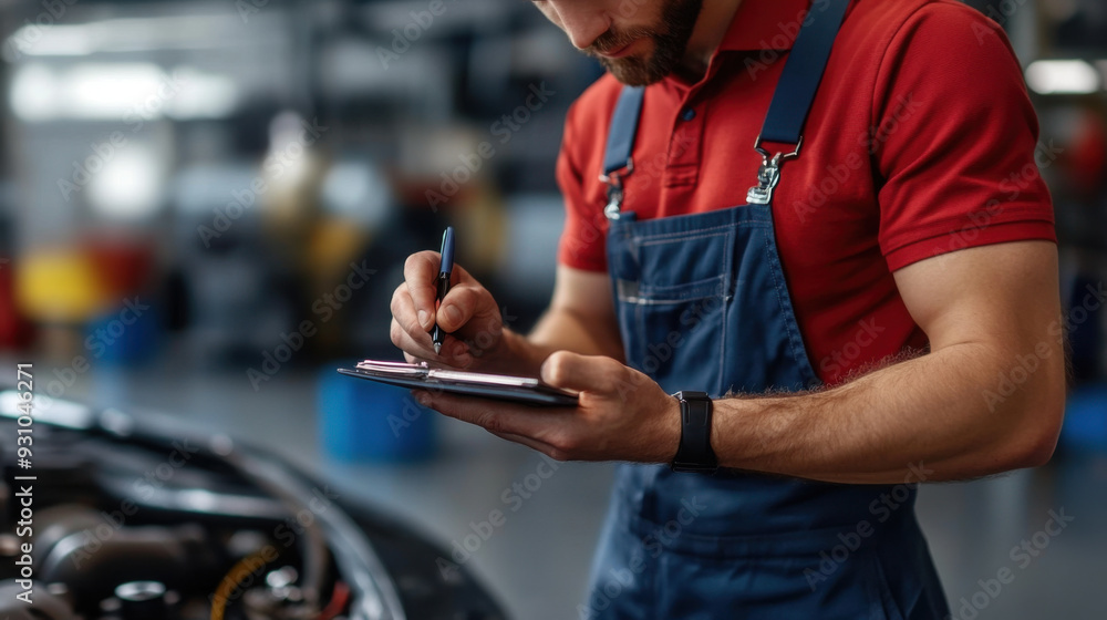 Aufkleber a mechanic in a red shirt and overalls writes on a clipboard while inspecting a vehicle in an auto r