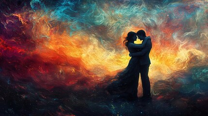 romantic silhouette couple embracing against vibrant, colorful cosmic background, symbolizing love connection.
