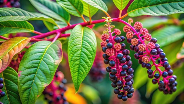 Vibrant close-up of Phytolacca americana plant leaves, turkish sekeri boyasi, American pokeweed, wildflower