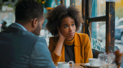 A woman apologizes to a man at a café, eatery, or restaurant during a date.