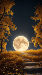 Golden autumn scenery under the moonlight.