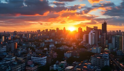 A magnificent view of the bustling city under the sunset, with sunlight shining on the streets through high-rise buildings.