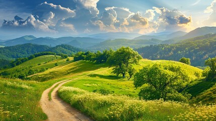 Obraz premium Breathtaking Summer Scenery with Verdant Hills and Curving Trail.