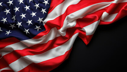 Close-up of a waving American flag on a black background, symbolizing patriotism, freedom, and national pride.