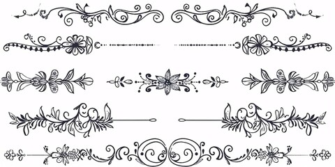 Fototapeta premium Hand-drawn collection of wedding dividers with vintage decorative borders and line separators.