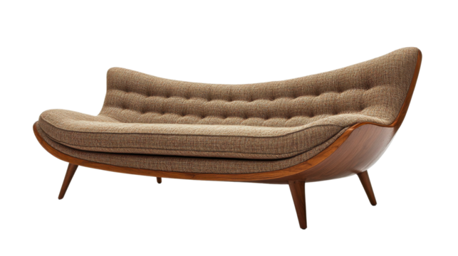 Elegant mid-century modern sofa featuring a curved design and plush upholstery, perfect for stylish living spaces.
