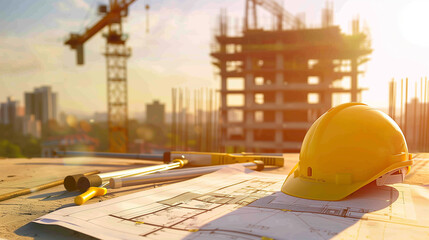 Construction site with blueprints and safety helmet at sunrise