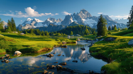 Fototapeta premium A picturesque mountain landscape featuring a clear stream flowing through green meadows, with snow-capped peaks in the background.