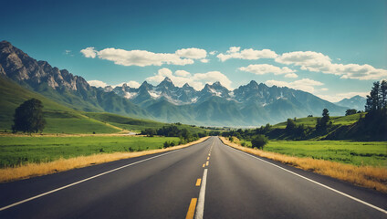 Naklejka premium Panoramic view of a winding asphalt highway through snow-capped mountains under a clear summer sky