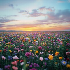 Obraz premium A vibrant field of blooming flowers at sunset, showcasing nature's beauty and tranquility in an enchanting landscape.
