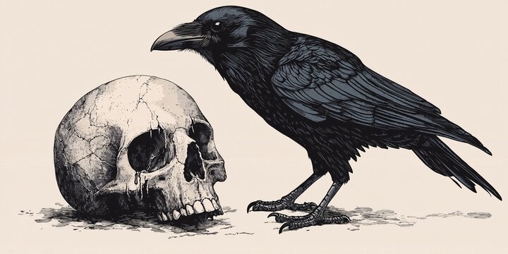 An illustration features a crow perched atop a skull.