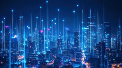 Obraz premium A city skyline at night illuminated by intelligent lighting systems powered by IoT green energy sources like solar panels on rooftops connected infrastructure ensuring efficient energy use AI-driven