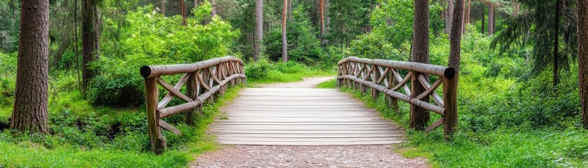 Fototapeta premium A serene wooden bridge leading through a lush green forest, perfect for nature lovers and outdoor enthusiasts.
