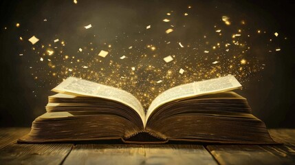 An enchanting open book with magical sparkles rising from its pages, creating a mystical atmosphere of wonder and imagination.